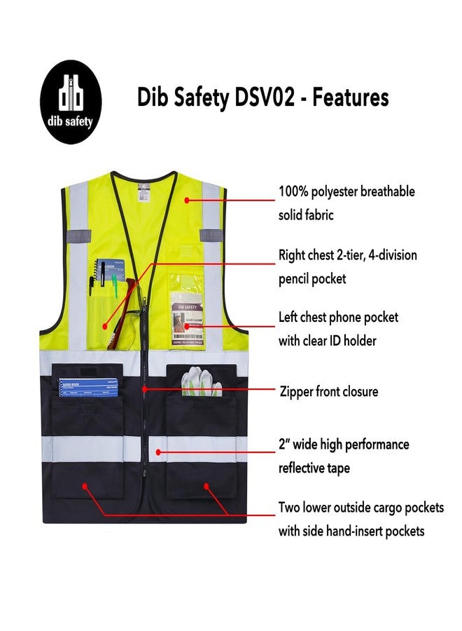 Dib Safety سترة أمان عاكسة عالية الوضوح من ديب، مزودة بجيوب وسحاب، لون أصفر وأسود، مقاس 3XL - Image 5